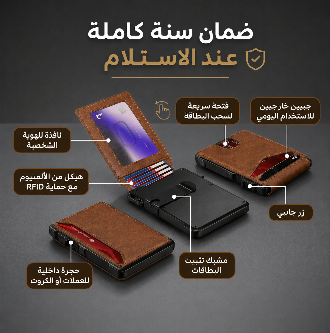 Brown and black cardholder with features highlighted on a dark background